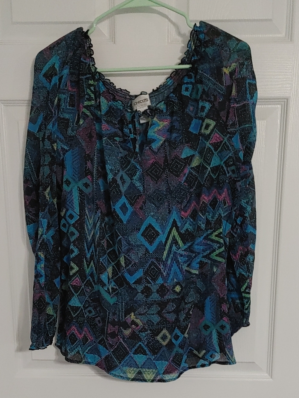 Chico's Sheer Blue Multi-Pattern Peasant Blouse Sz Large